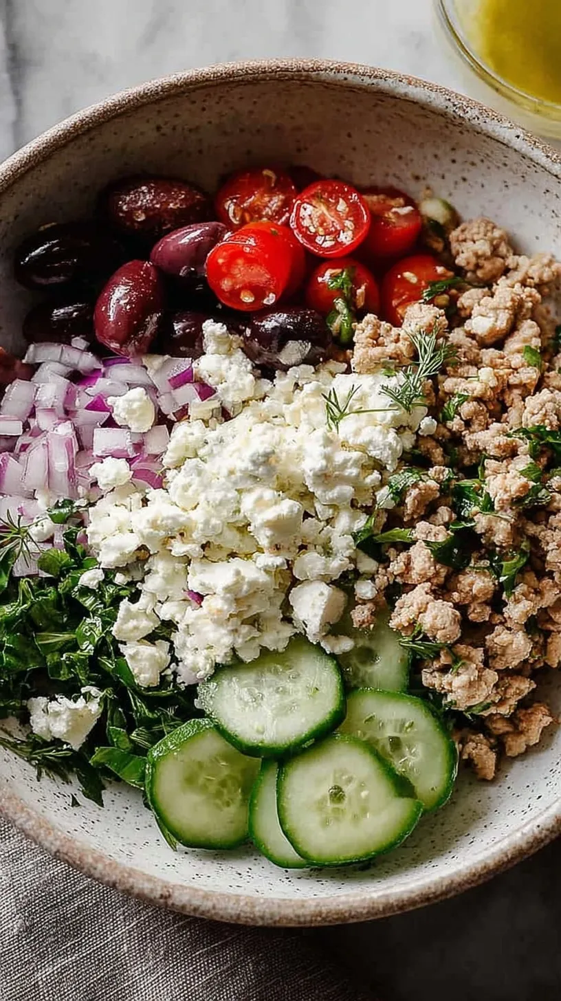 Colorful Greek ground chicken bowls with cucumber, tomatoes, feta, and tzatziki over rice.