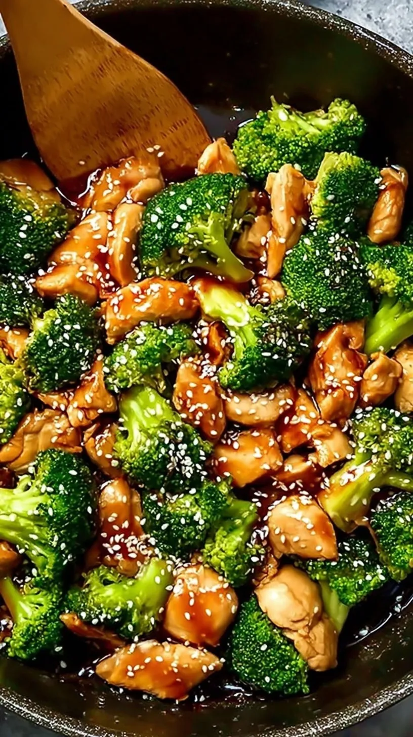 A vibrant skillet filled with golden chicken cubes and bright green broccoli florets in a glossy ginger-soy sauce.