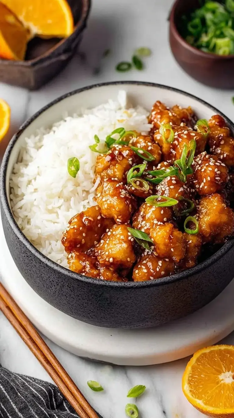 Golden pan-seared chicken cubes coated in a glossy orange glaze with green onions and sesame seeds
