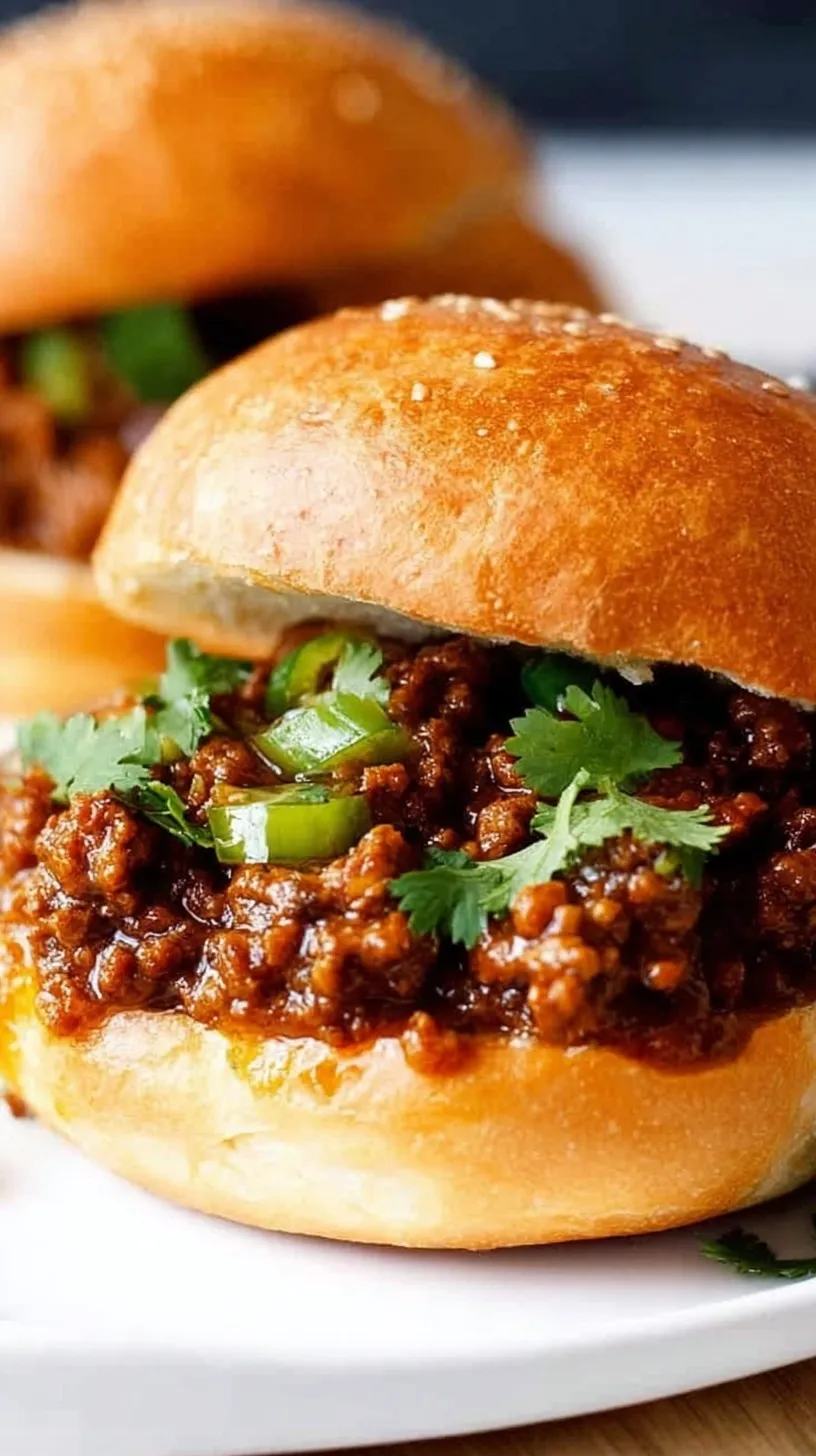 A close-up shot of a healthy sloppy joe on a toasted whole grain bun with colorful bell peppers and carrots visible in the savory meat sauce.