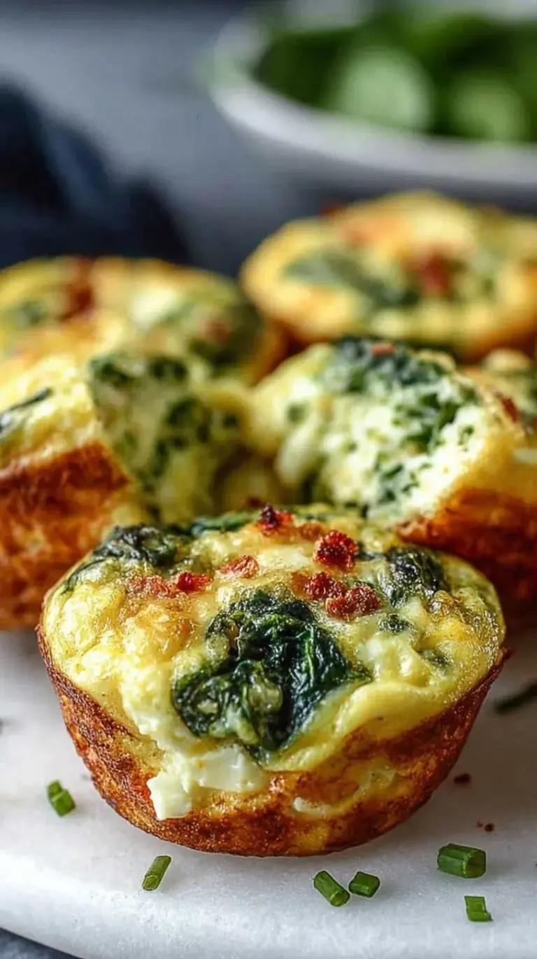 Six golden-brown spinach egg muffins with colorful peppers in a muffin tin.