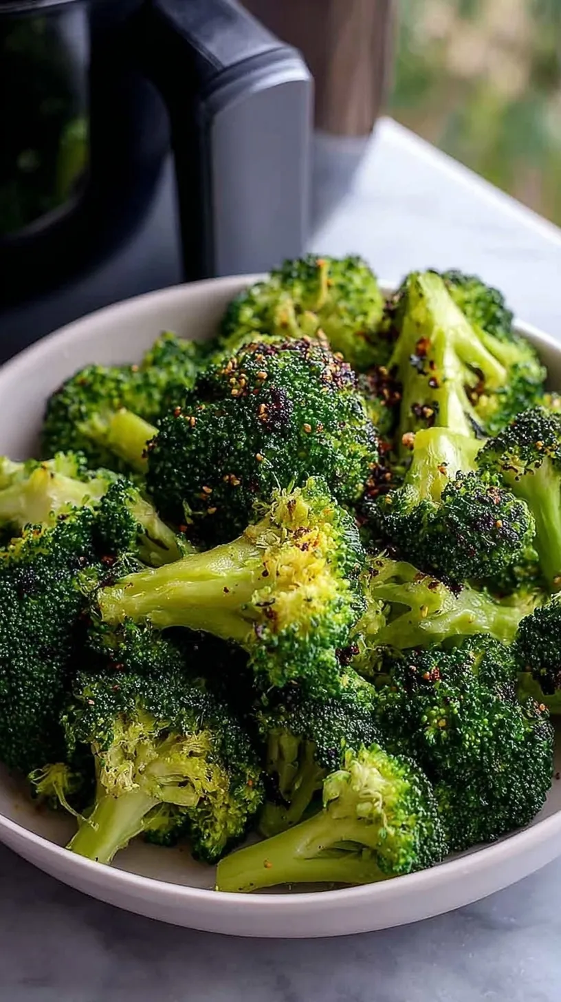 Crispy air fried broccoli florets coated in nutritional yeast and parmesan cheese in an air fryer basket.