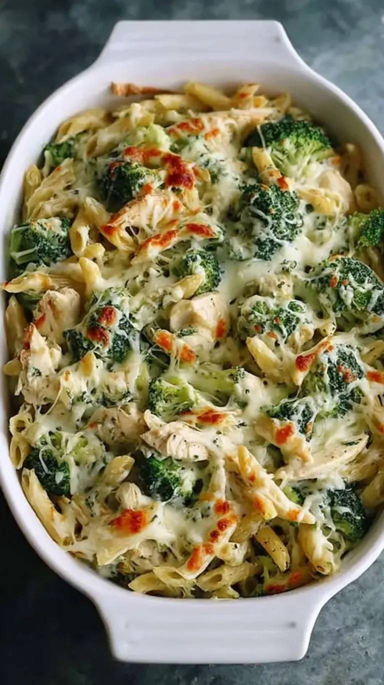 A golden, bubbly High Protein Alfredo Bake in a ceramic dish garnished with fresh parsley.