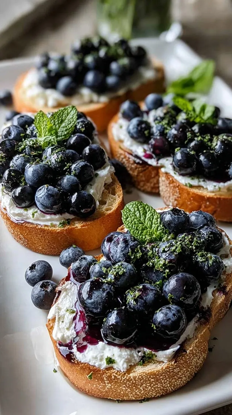 A slice of toasted sprouted bread topped with white cottage cheese and dark purple balsamic blueberries with green mint leaves.
