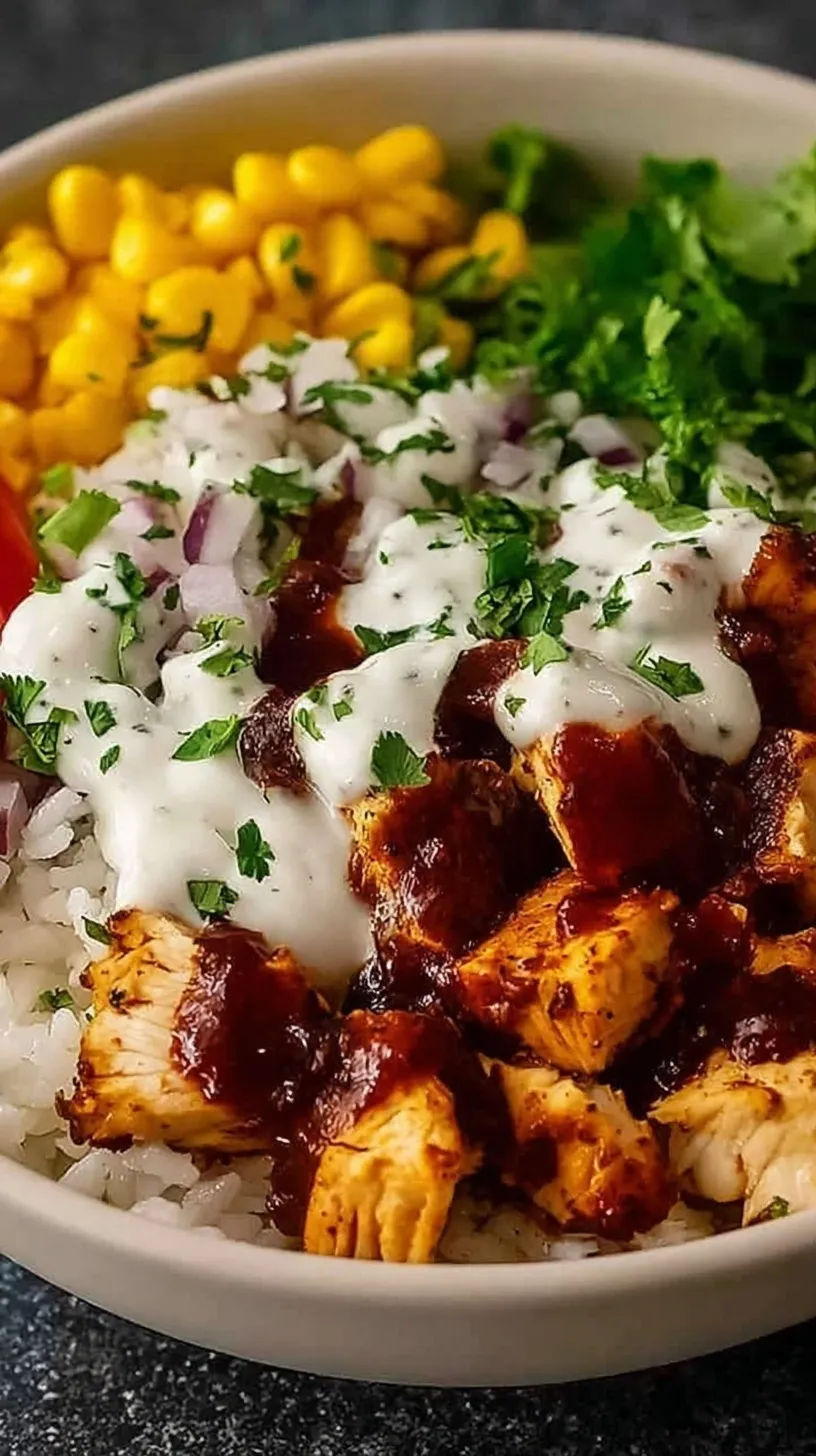 A colorful meal prep bowl with BBQ chicken, black beans, corn, and creamy ranch dressing over brown rice.