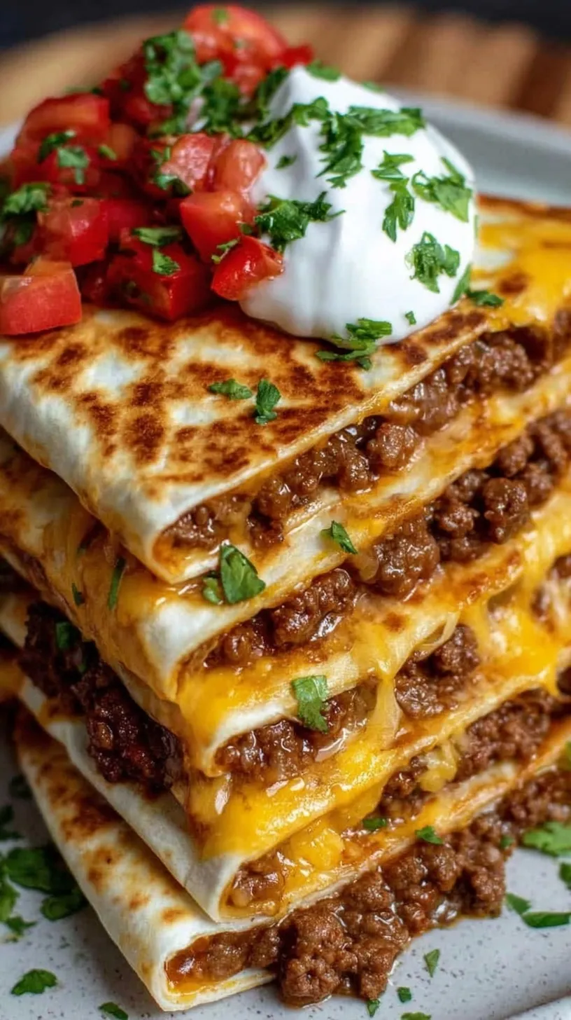 Golden brown high protein beef quesadilla sliced into wedges with a side of Greek yogurt
