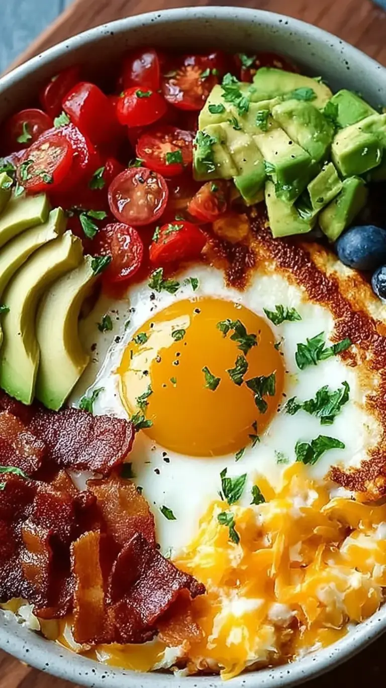 A colorful savory quinoa breakfast bowl with a jammy egg, sliced avocado, black beans, and sautéed spinach.