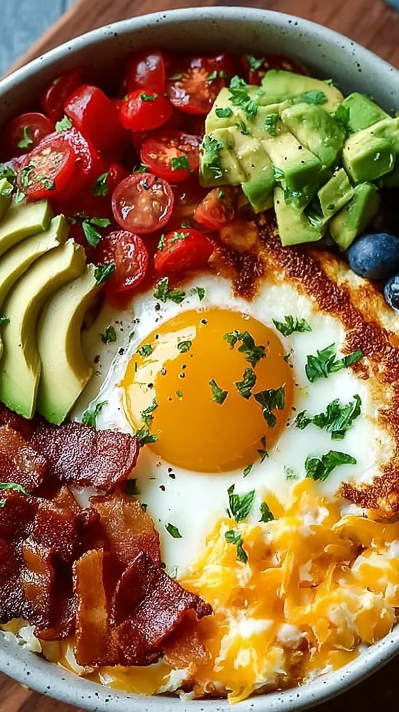 A colorful savory quinoa breakfast bowl with a jammy egg, sliced avocado, black beans, and sautéed spinach.