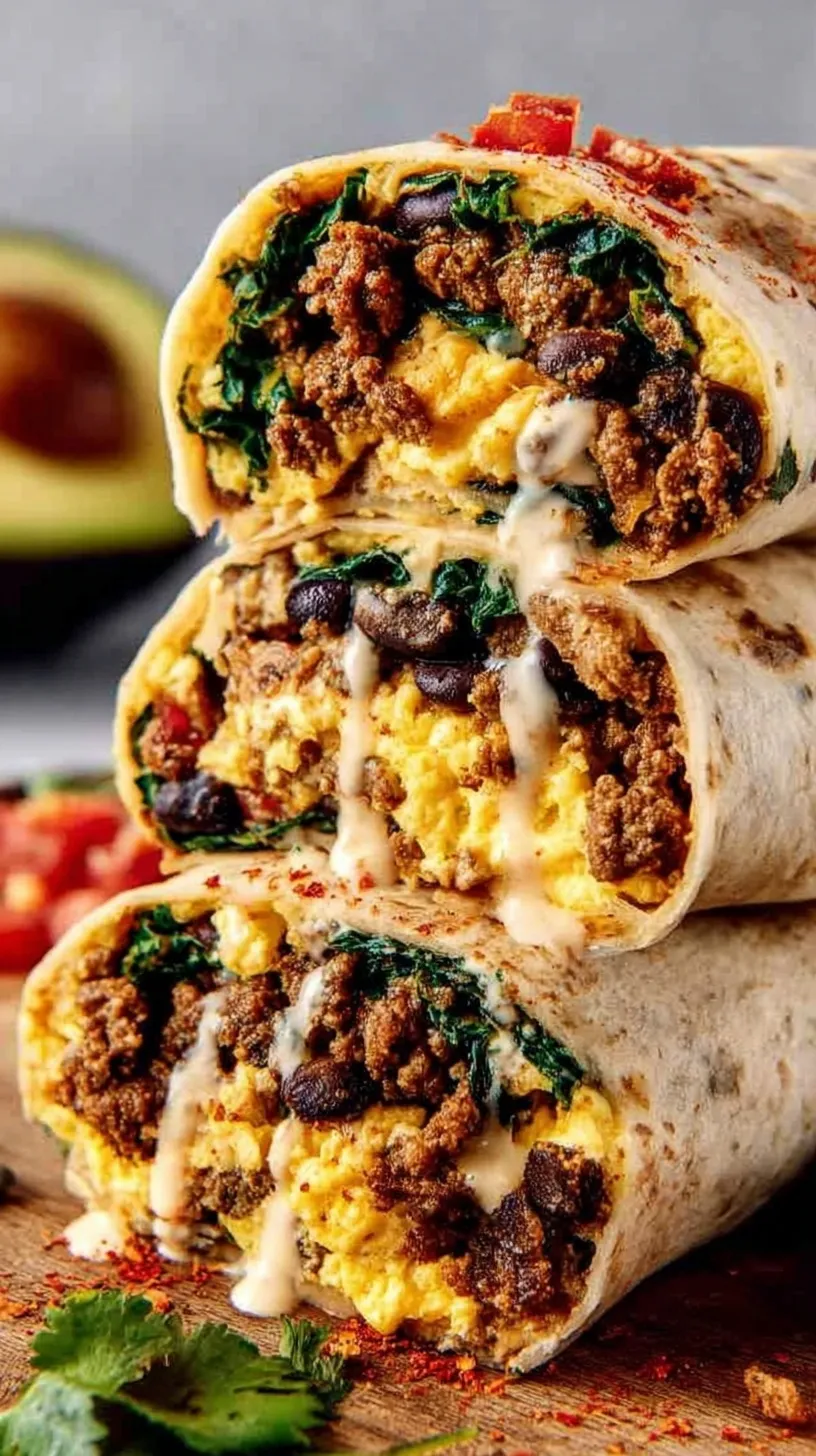 A vibrant High Protein Breakfast Burrito sliced in half showing eggs, turkey, and black beans.