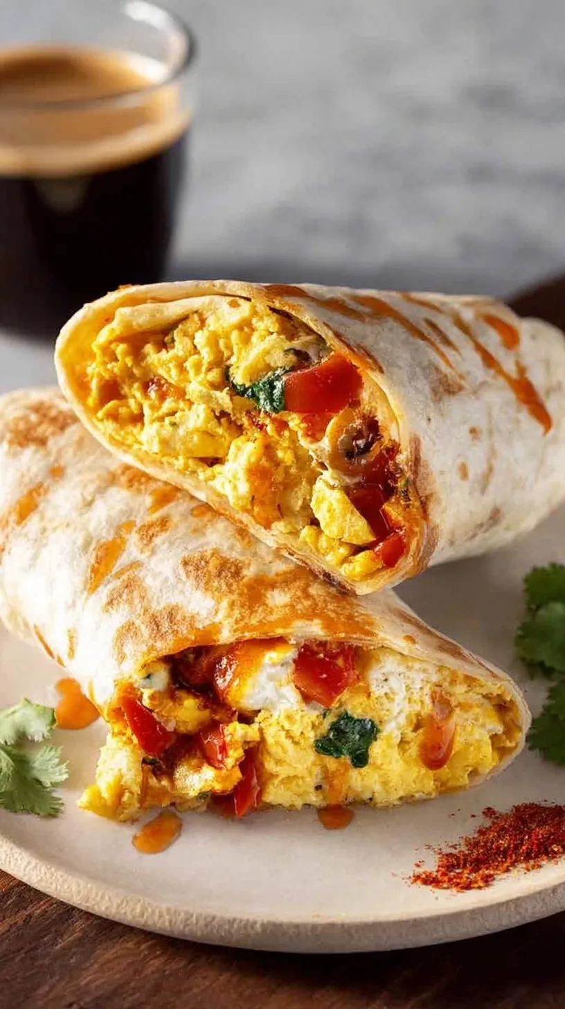 Four golden-brown high-protein breakfast burritos stacked on a wooden board with a side of green salsa.