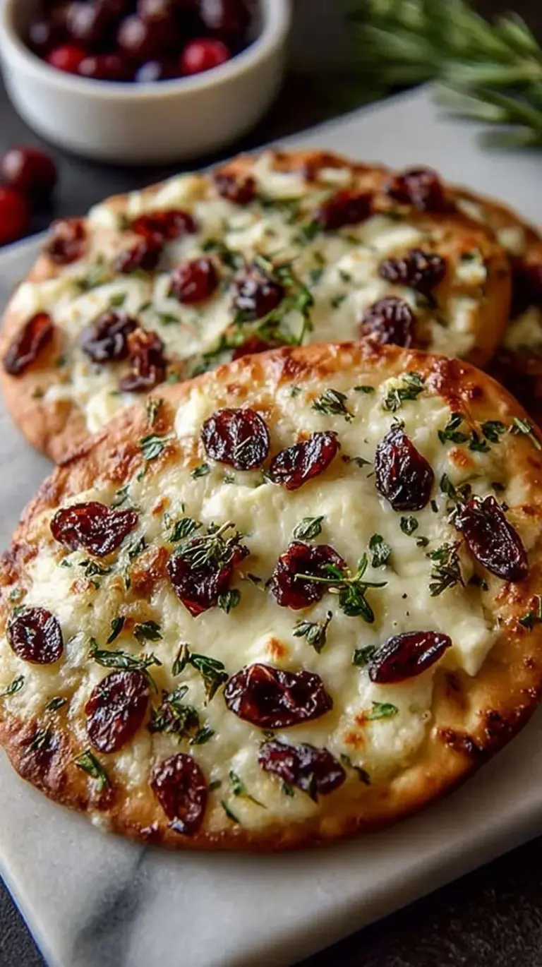 Golden brown flatbreads topped with melted brie cheese, red cranberry sauce, and fresh green arugula.