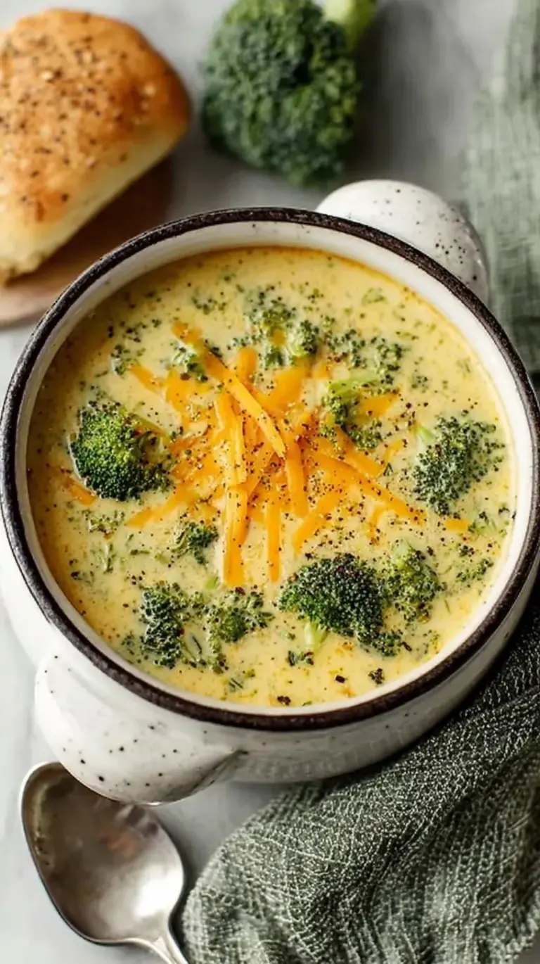 A bowl of creamy broccoli cheddar soup topped with shredded cheese and cracked black pepper.