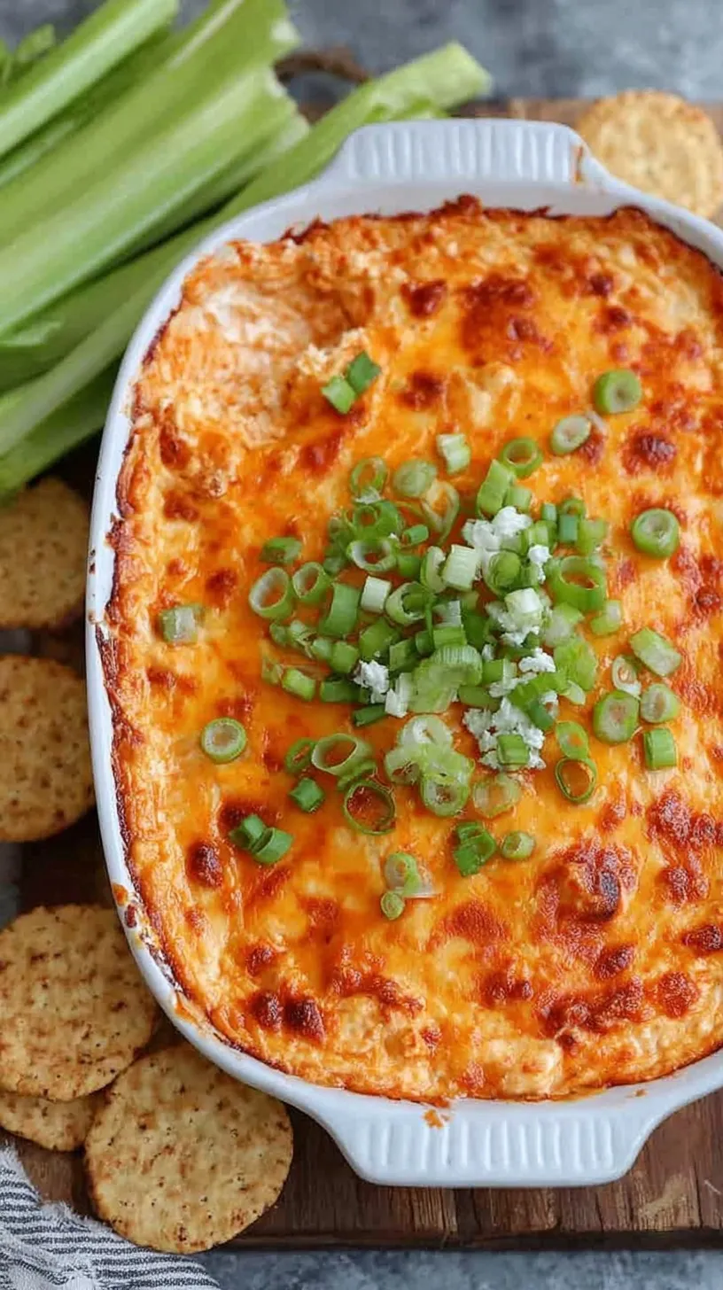 A bubbly dish of high protein buffalo chicken dip topped with blue cheese and green onions.