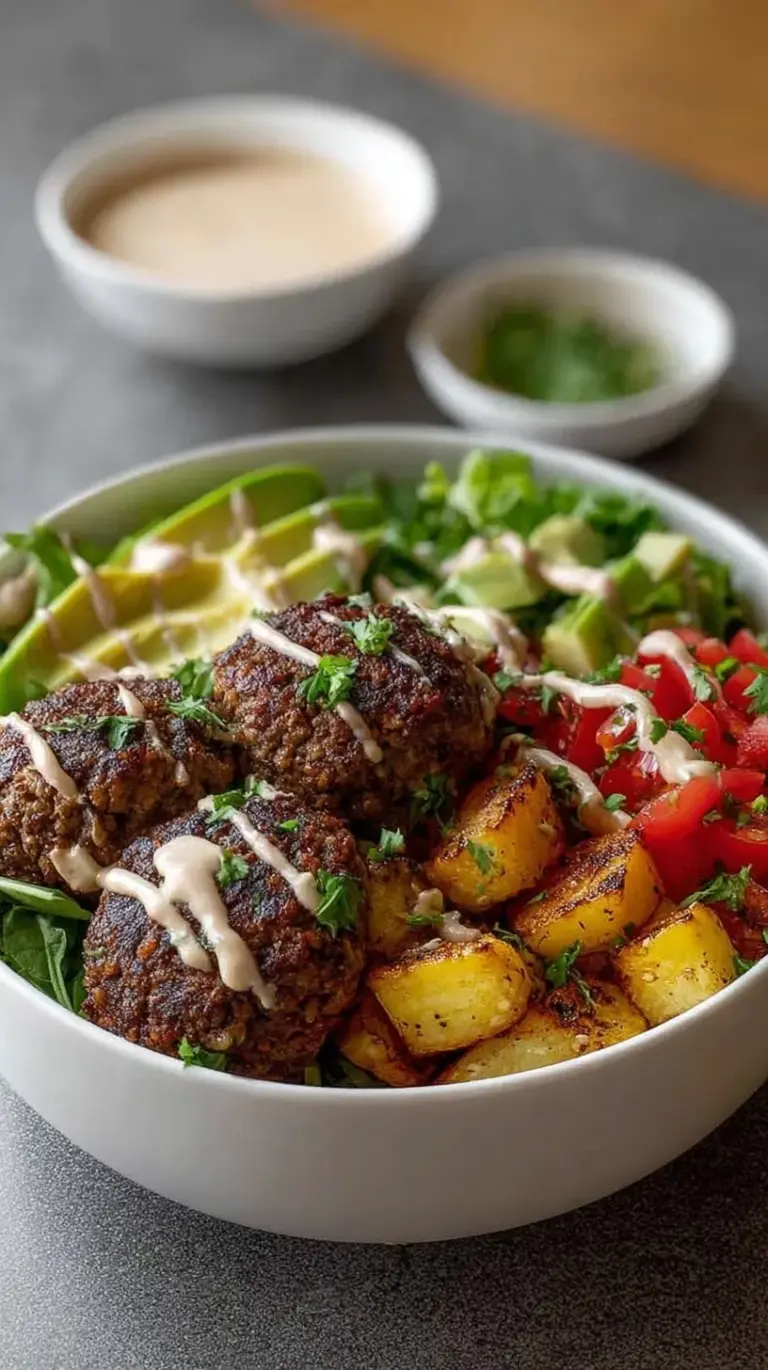 A vibrant high protein burger bowl with seasoned ground beef, avocado slices, and creamy dressing