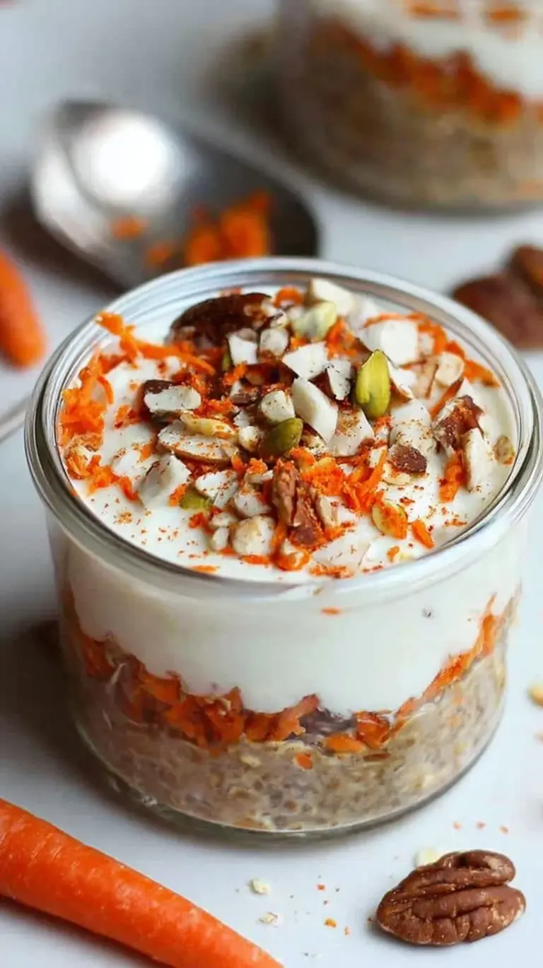 A glass jar filled with carrot cake overnight oats topped with walnuts and raisins