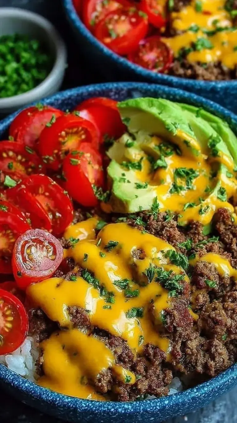 A vibrant glass bowl filled with seasoned ground beef, melted cheddar cheese, cherry tomatoes, and pickles over crisp romaine lettuce.
