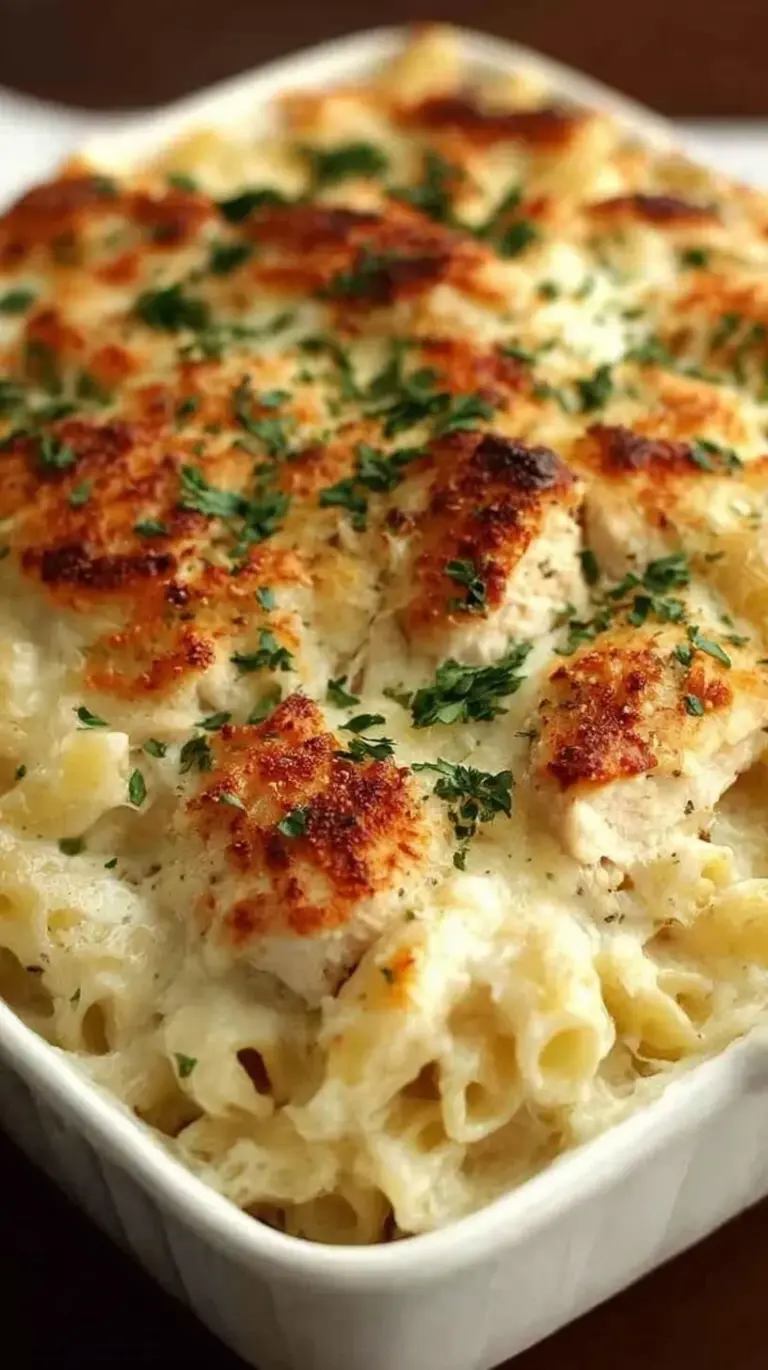 A golden, bubbly high protein chicken alfredo bake in a ceramic dish with melted mozzarella and fresh spinach.