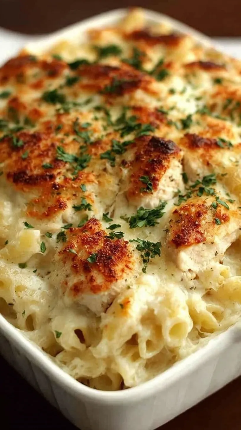 A golden, bubbly high protein chicken alfredo bake in a ceramic dish with melted mozzarella and fresh spinach.