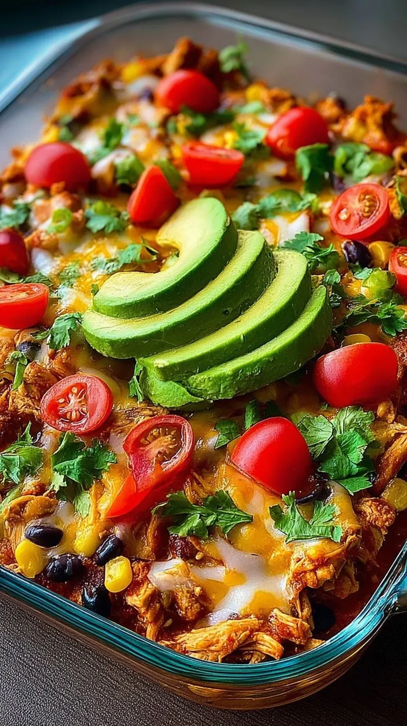 Four meal prep containers filled with colorful chicken enchilada mixture, black beans, corn, and melted cheese over rice.
