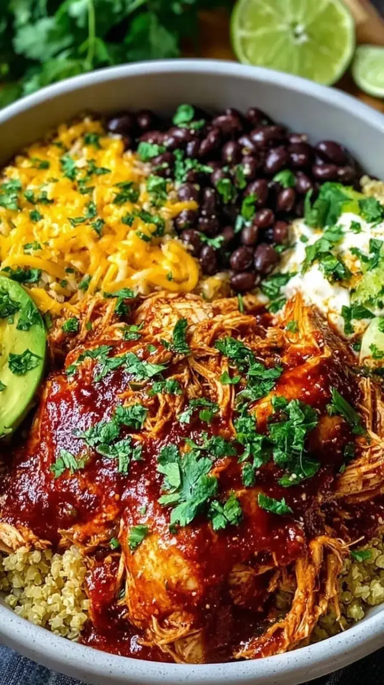 A colorful high protein chicken enchilada bowl with shredded chicken, quinoa, black beans, and melted cheese topped with fresh cilantro.