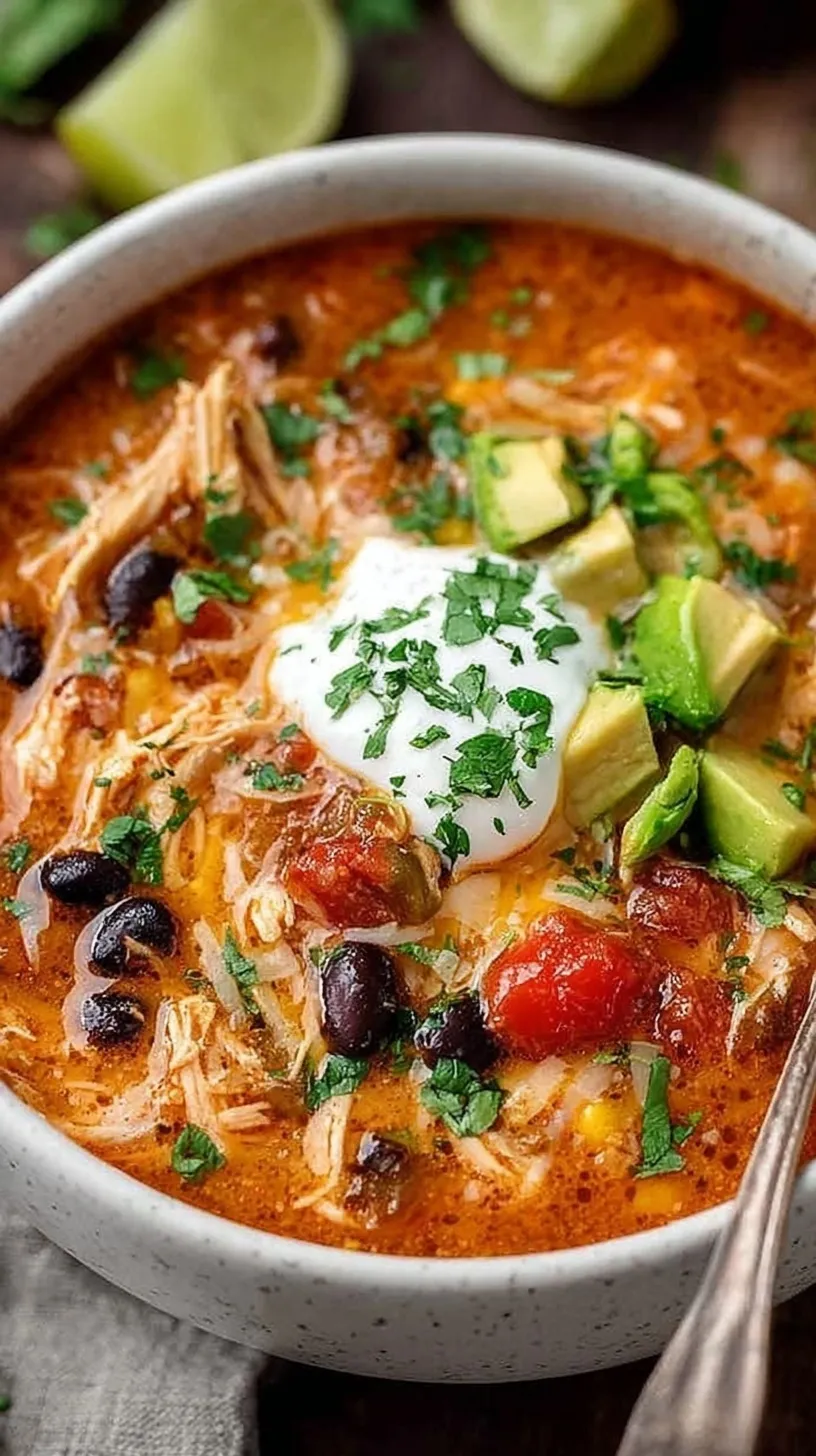 A bowl of creamy orange-red chicken enchilada soup topped with fresh cilantro and avocado