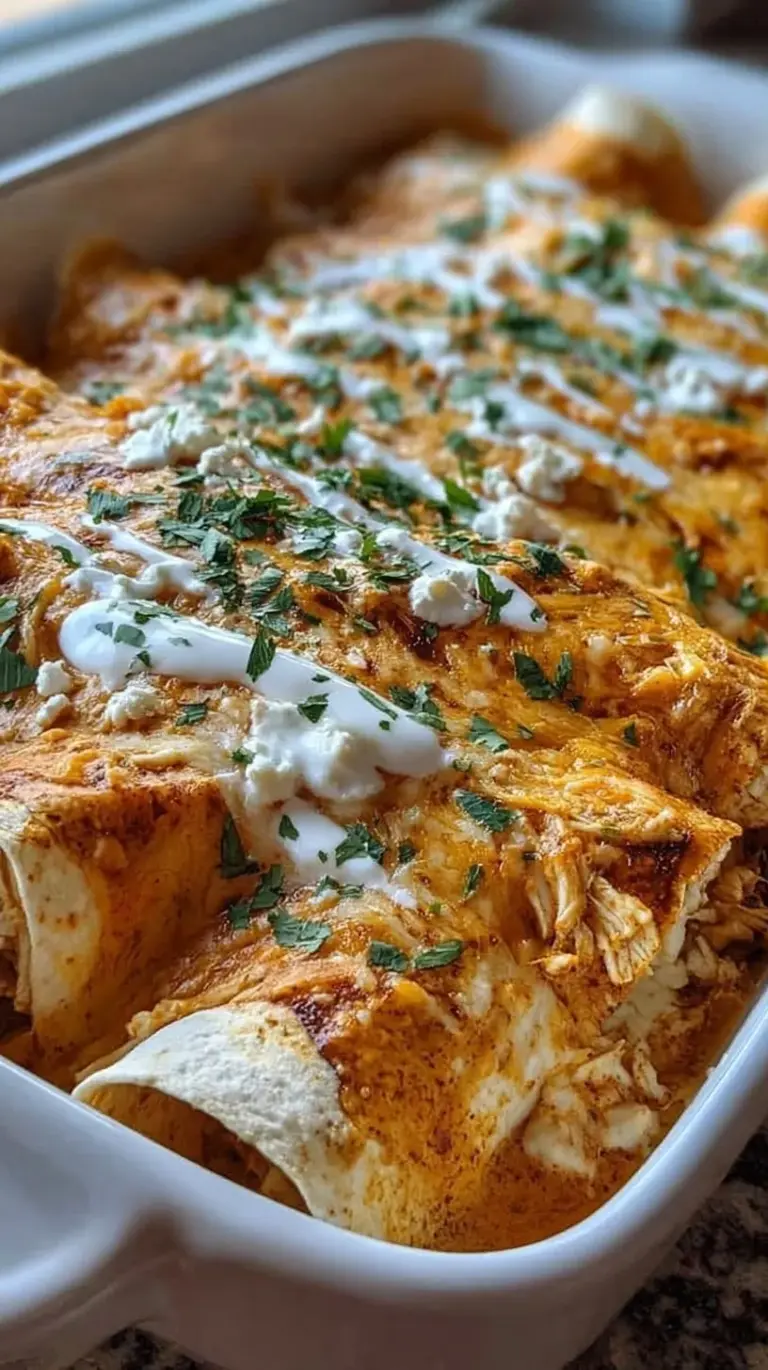 A baking dish filled with golden brown chicken enchiladas topped with white sauce, melted cheese, and fresh cilantro.
