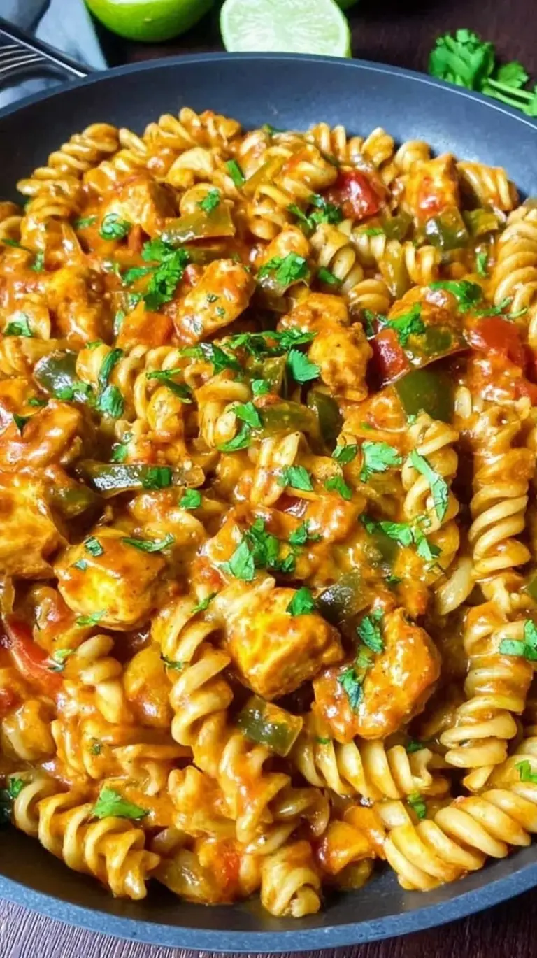 A skillet filled with creamy chicken fajita pasta, sliced bell peppers, and fresh cilantro garnish.