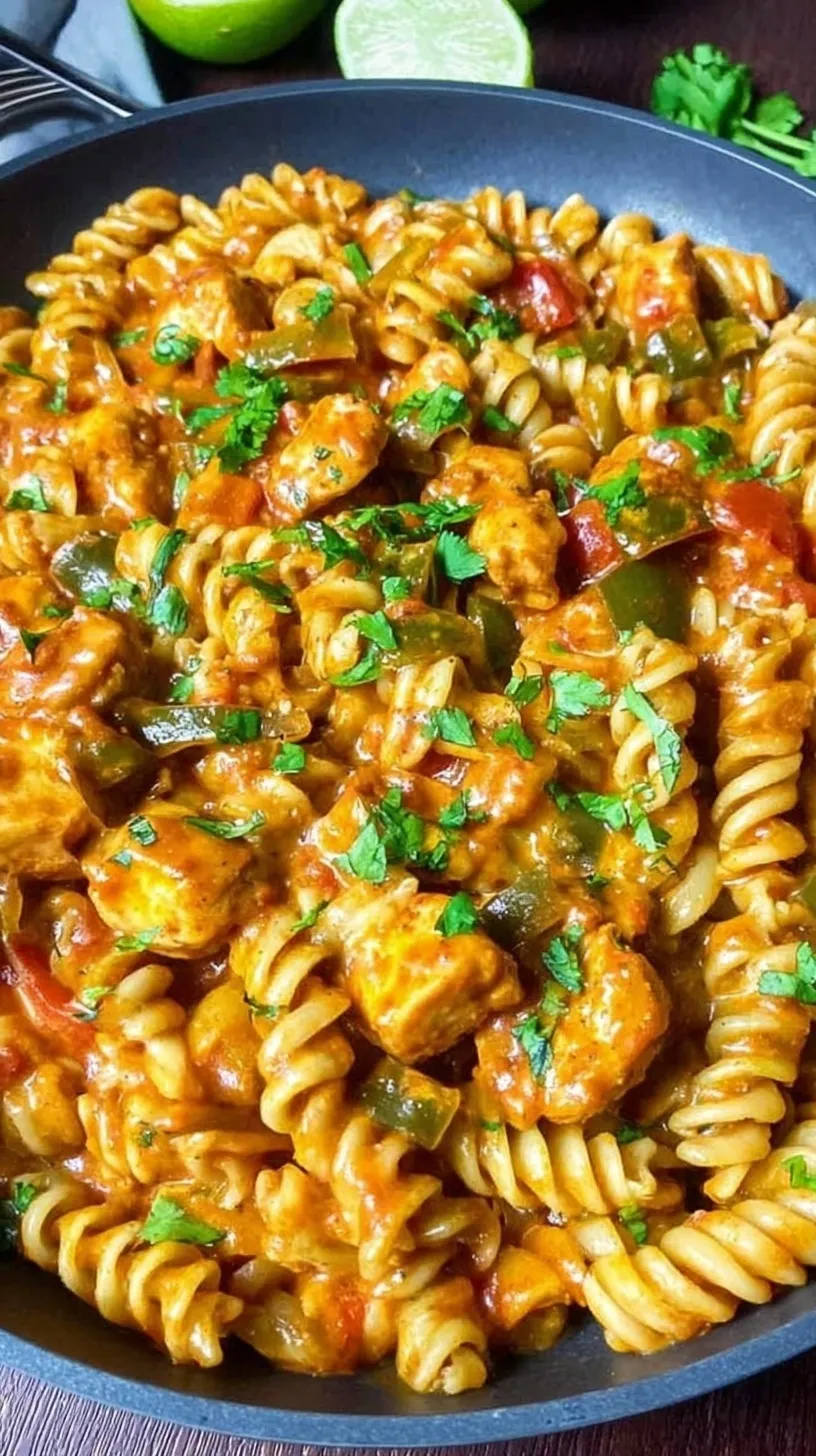 A skillet filled with creamy chicken fajita pasta, sliced bell peppers, and fresh cilantro garnish.