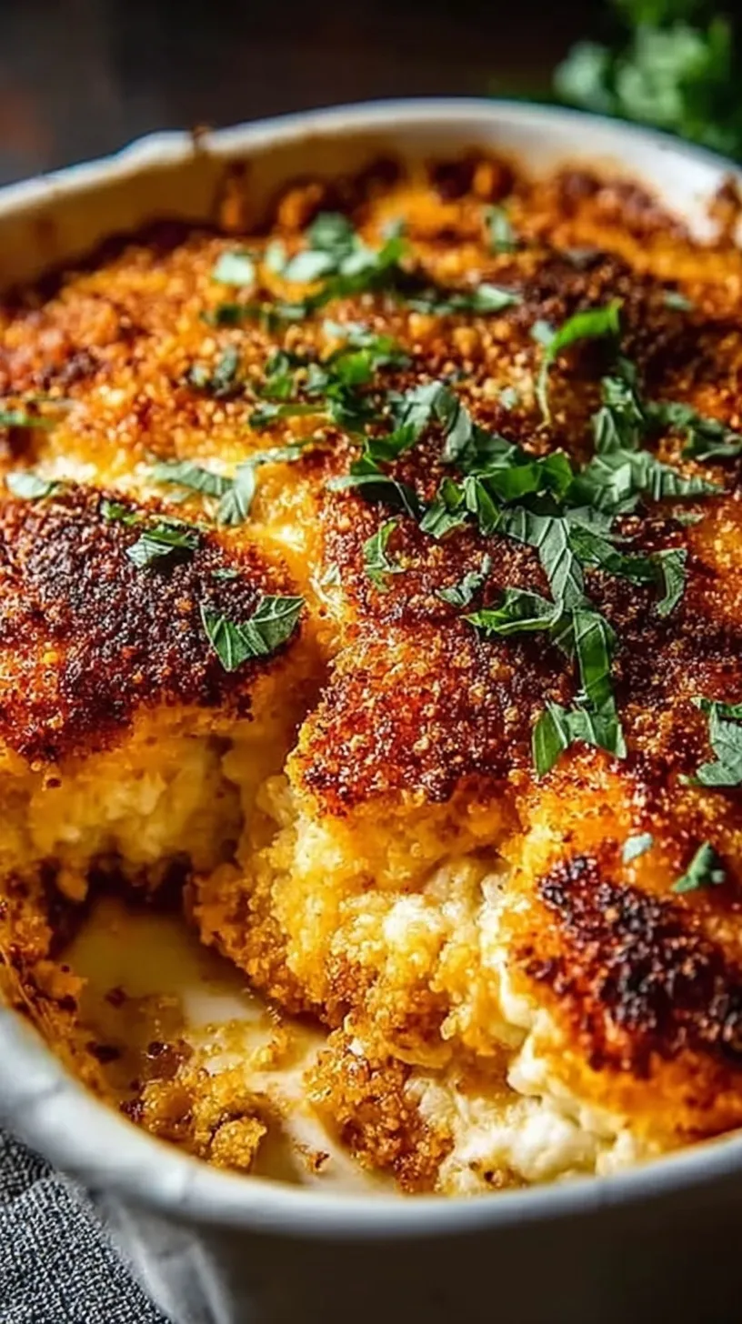A golden brown chicken parmesan casserole in a white baking dish topped with fresh basil.