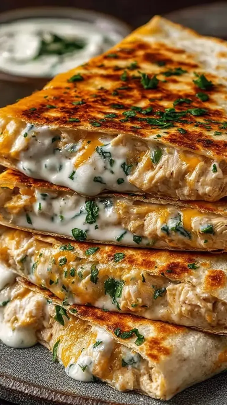 A golden brown High-Protein Chicken Quesadilla sliced into triangles on a plate with green onions.