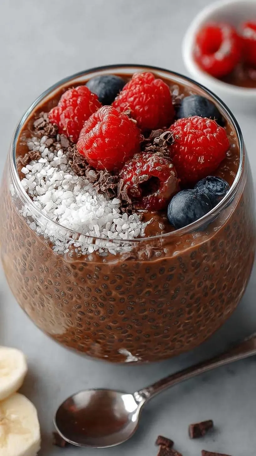 A glass jar filled with silky chocolate chia pudding topped with fresh raspberries and a sprig of mint.