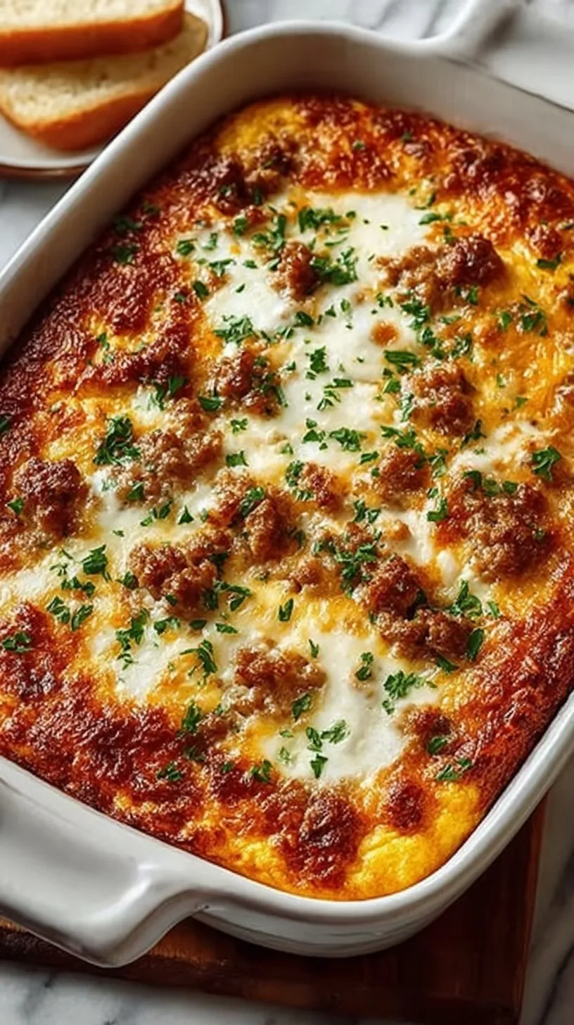 A golden brown high protein breakfast casserole with turkey sausage and melted cheese in a glass baking dish.
