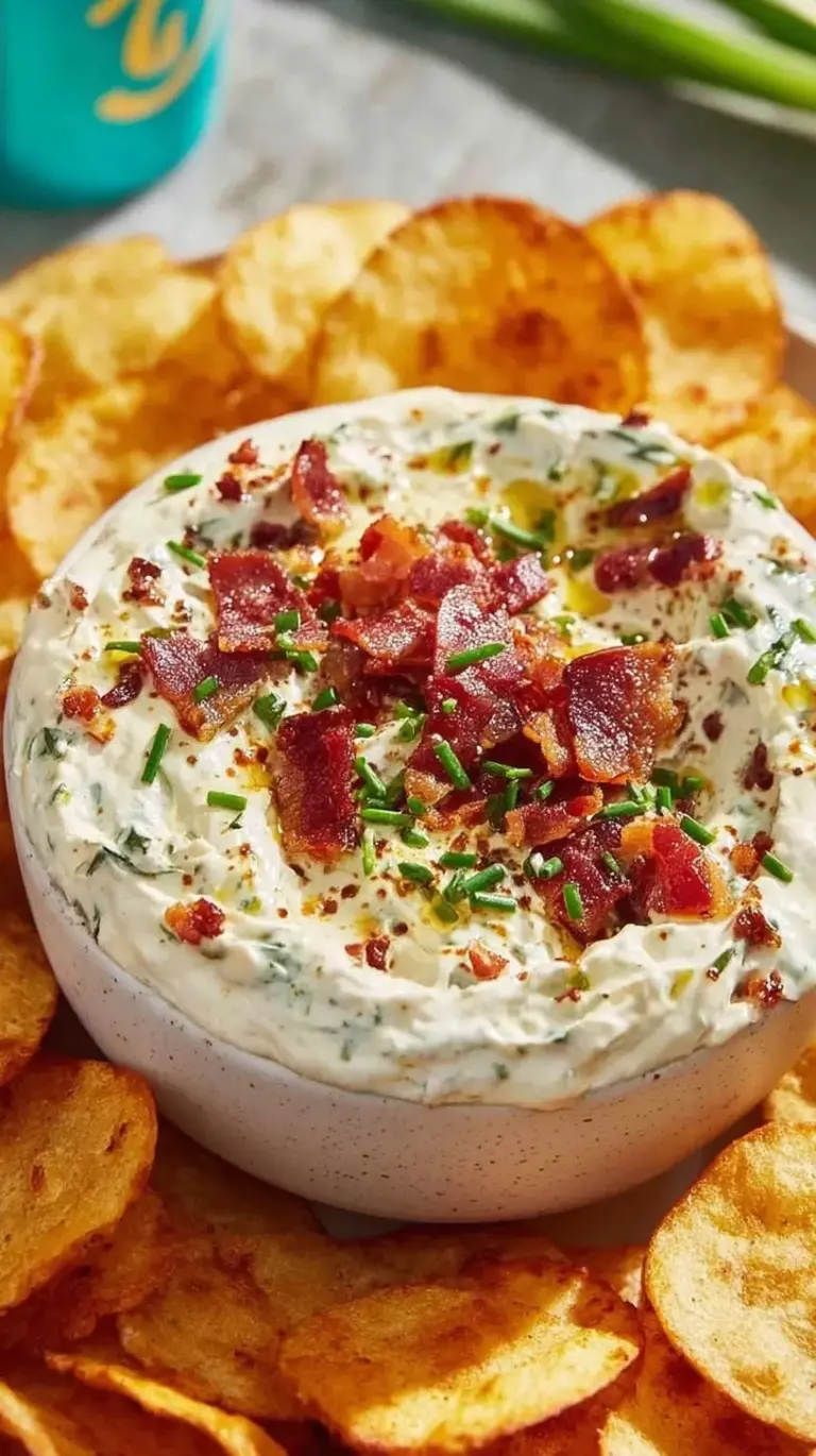 A bowl of creamy high protein crack dip topped with green onions and bacon bits next to fresh vegetable sticks.