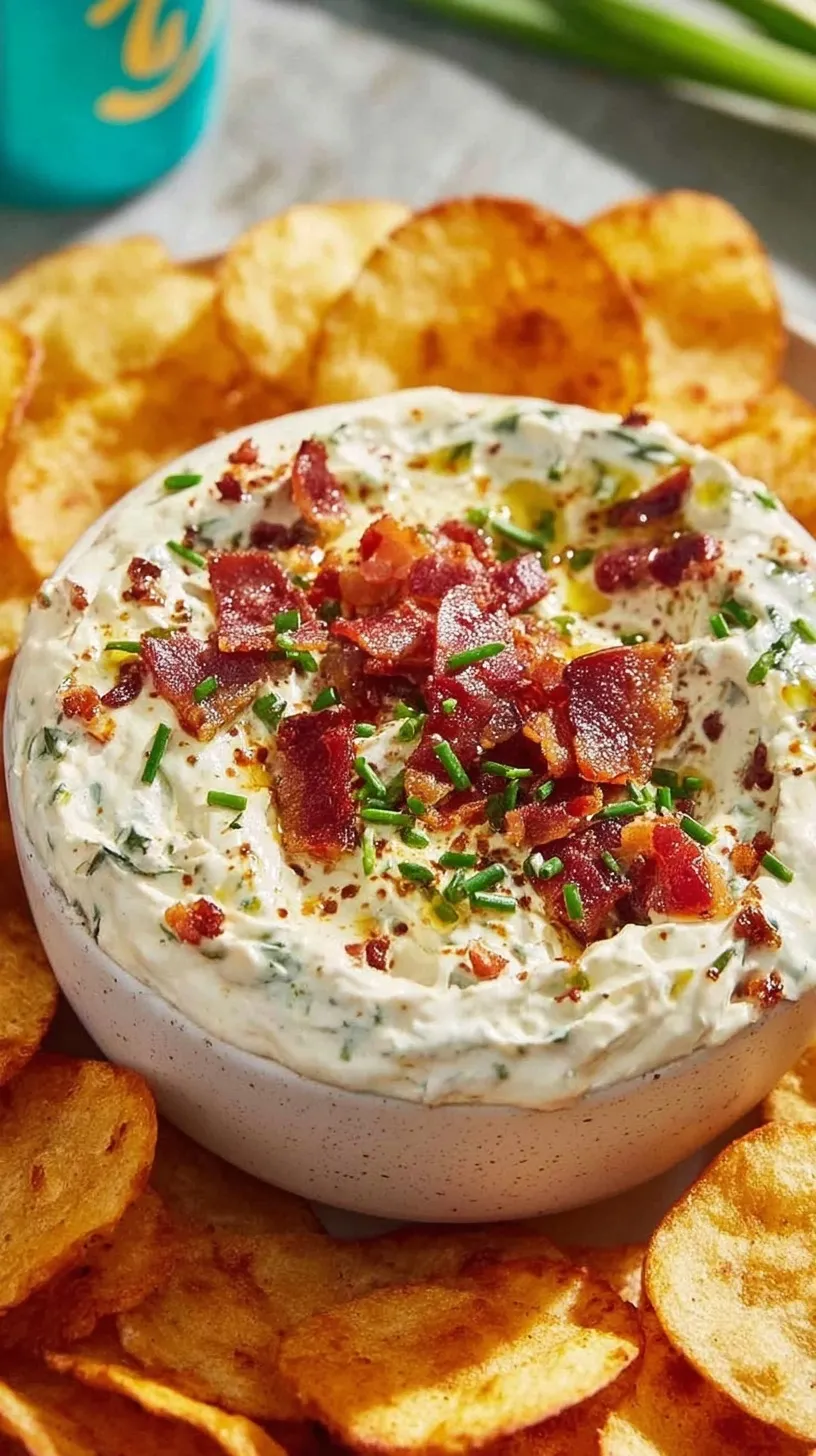 A bowl of creamy high protein crack dip topped with green onions and bacon bits next to fresh vegetable sticks.