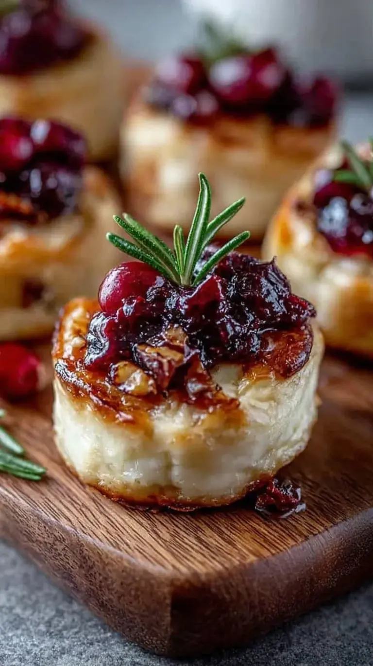 Golden brown cranberry brie bites topped with fresh rosemary on a serving platter