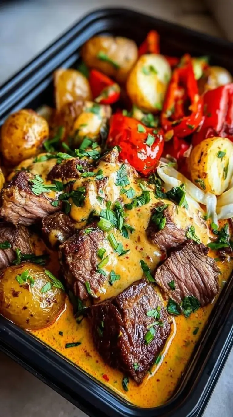 Four meal prep containers filled with seared flank steak, roasted gold potatoes, and creamy chipotle sauce.