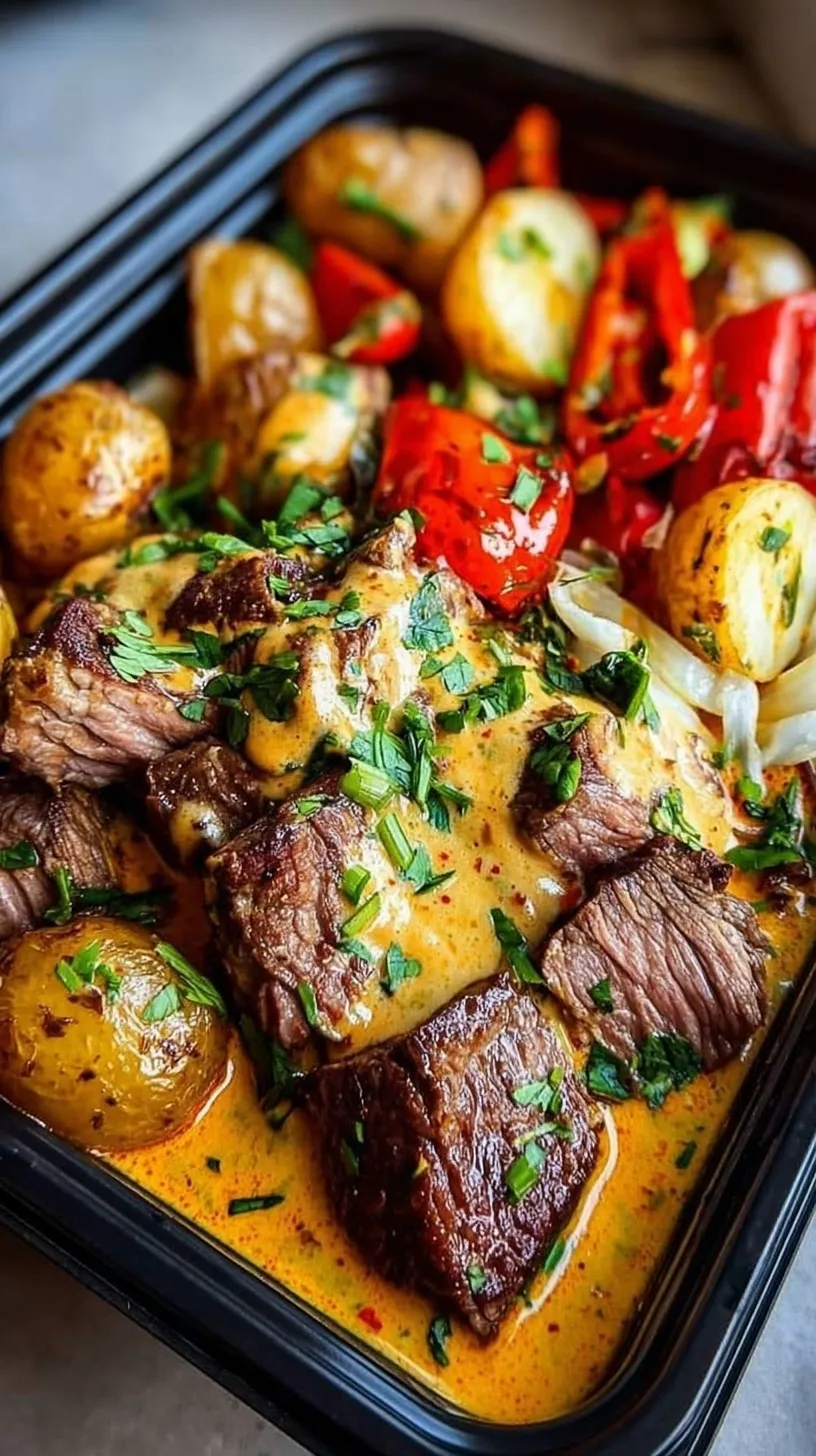 Four meal prep containers filled with seared flank steak, roasted gold potatoes, and creamy chipotle sauce.