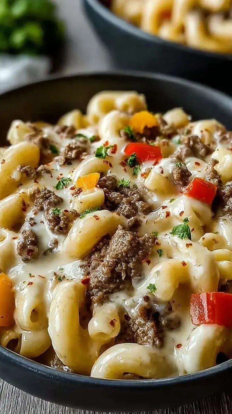 A bowl of creamy high protein mac and cheese with thinly sliced beef and green peppers