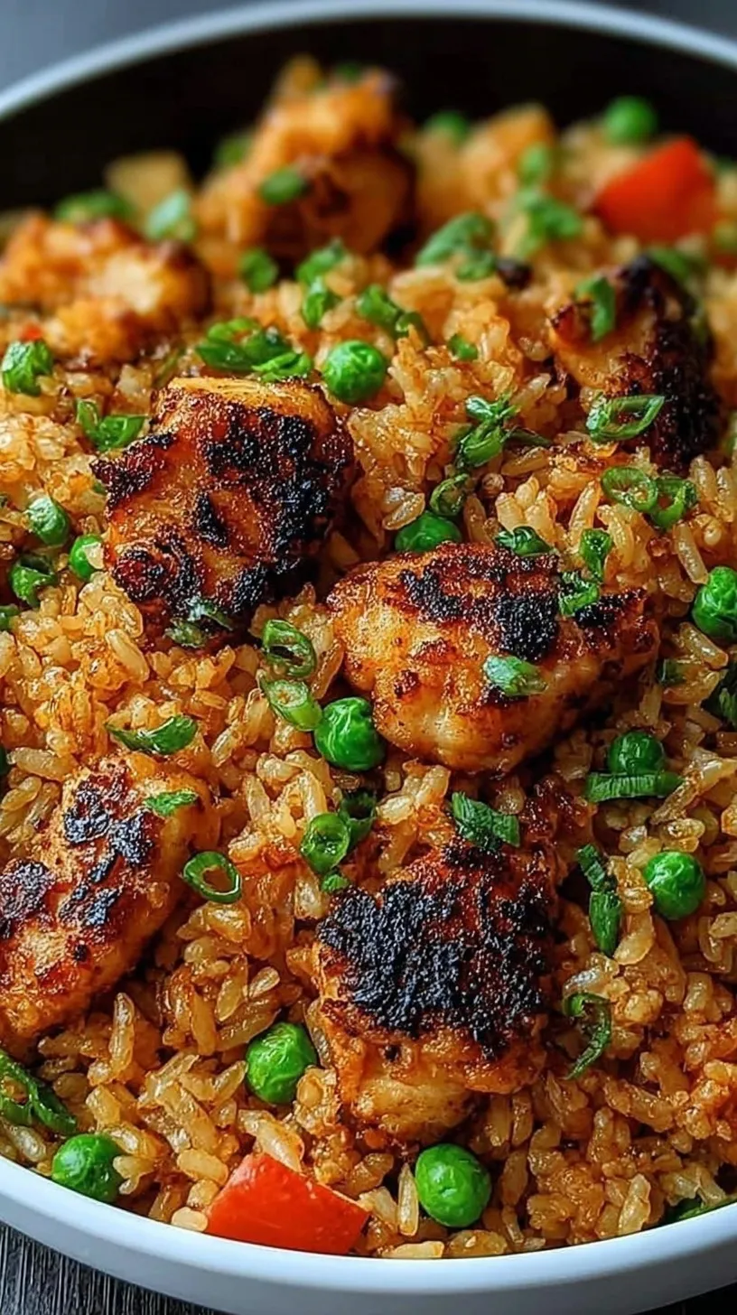 A steaming bowl of crispy garlic chicken fried rice garnished with fresh green onions and vibrant peas.