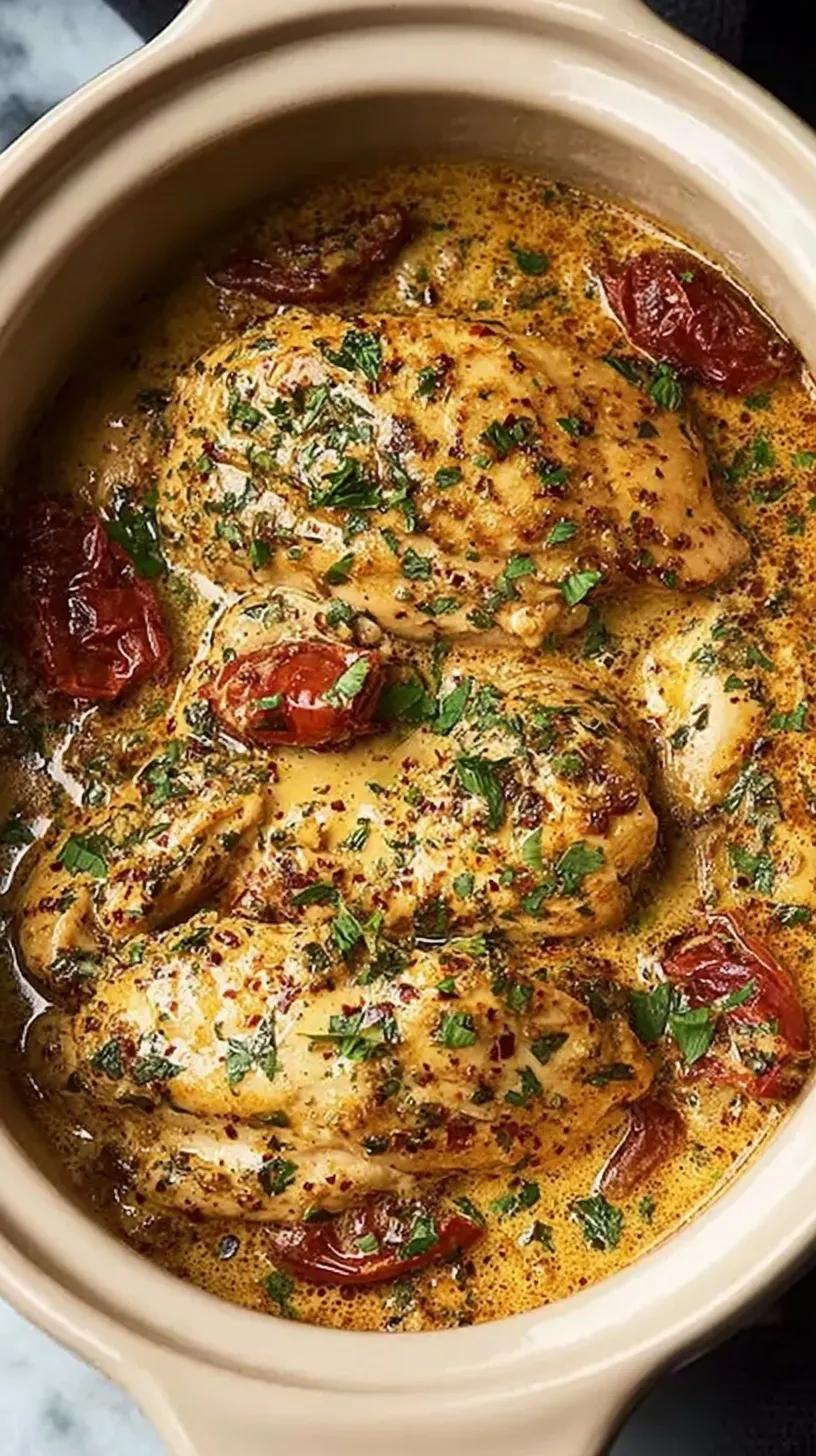 A creamy slow cooker chicken dish with sun-dried tomatoes and spinach.