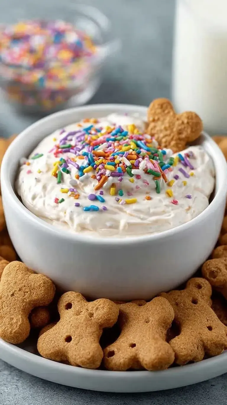 A bowl of colorful high protein dunkaroo dip with rainbow sprinkles and graham crackers