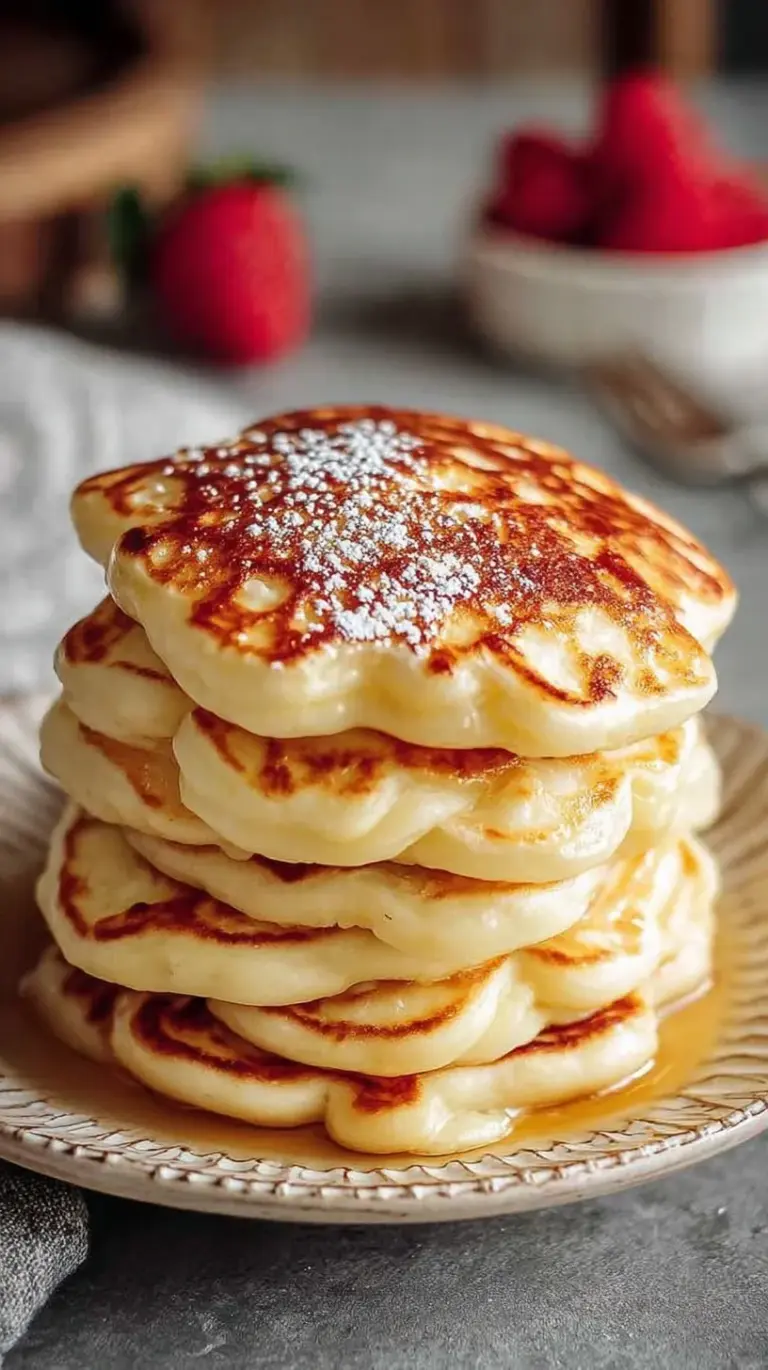 A stack of golden brown high-protein fluffy pancakes topped with fresh berries and a drizzle of syrup.