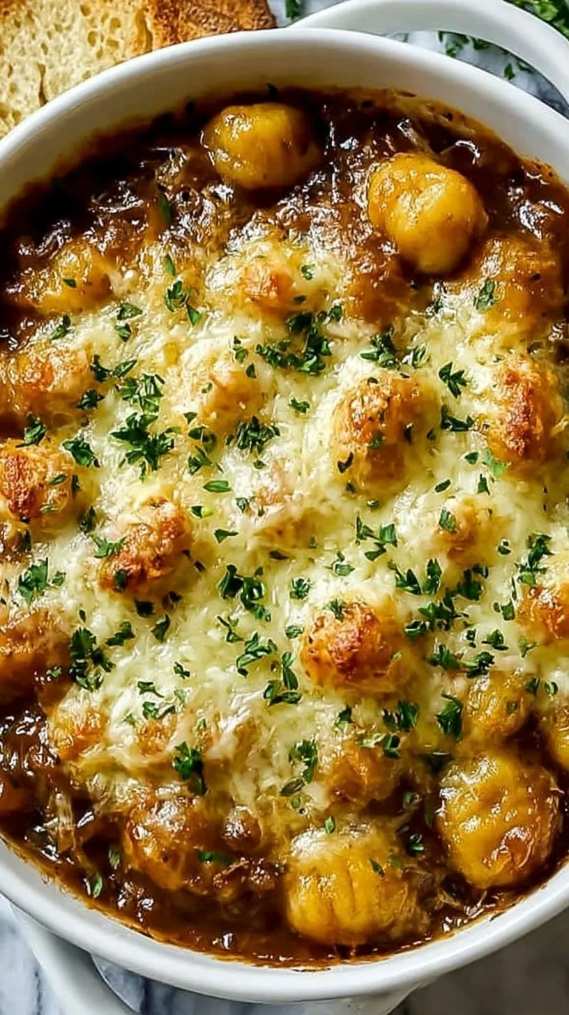 A skillet of golden gnocchi coated in a creamy onion sauce with melted Gruyère cheese and fresh thyme.