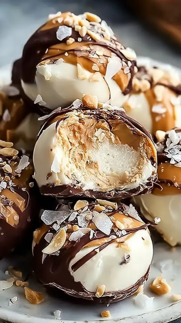 Frozen yogurt bites with peanut butter and dark chocolate coating on parchment paper