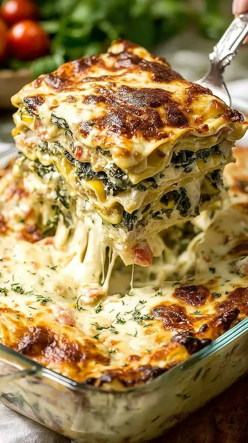 A bubbling dish of high protein vegetable lasagna with golden cheese and fresh zucchini layers.