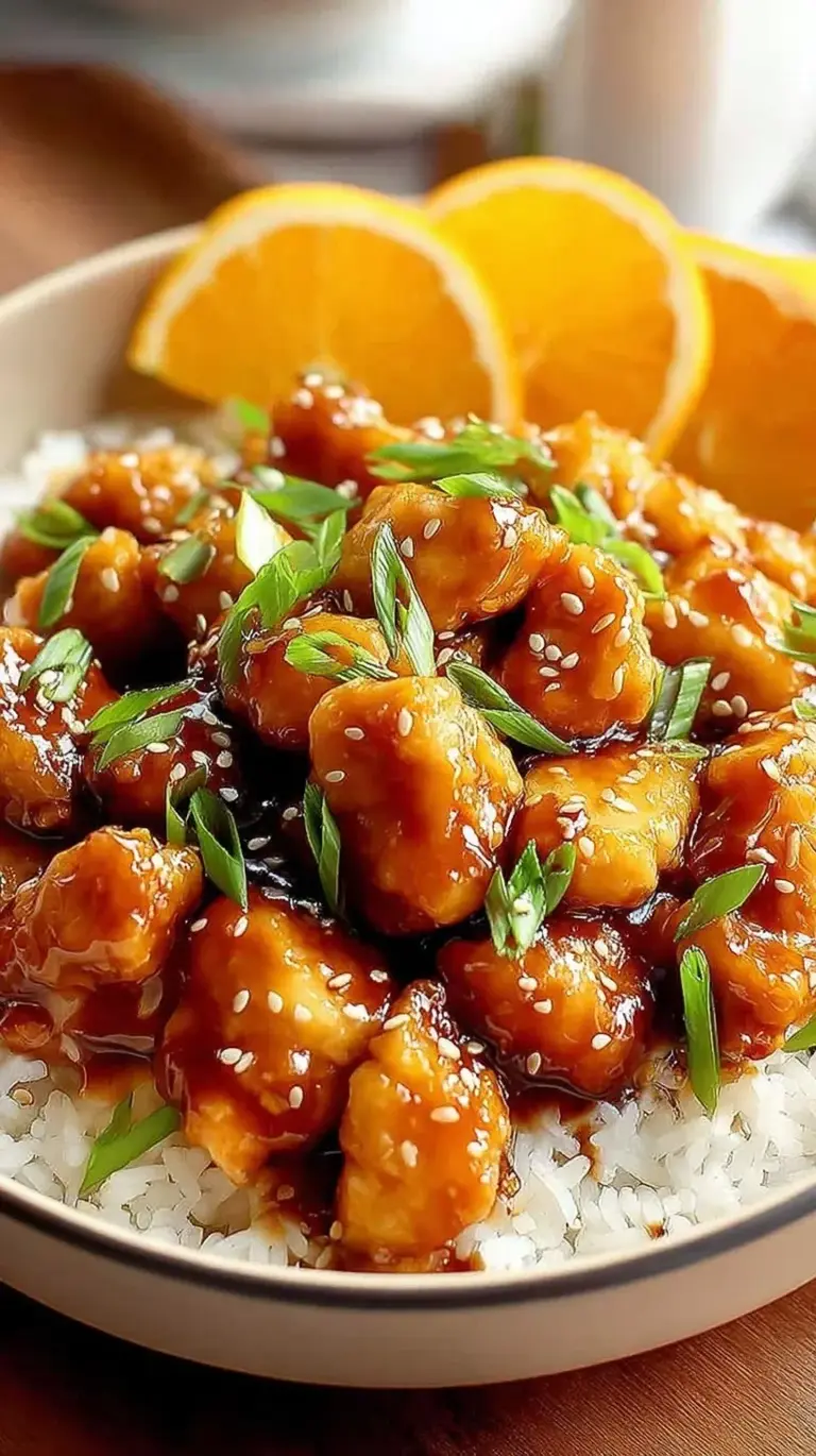 Crispy golden orange chicken pieces coated in a glossy citrus glaze in a skillet