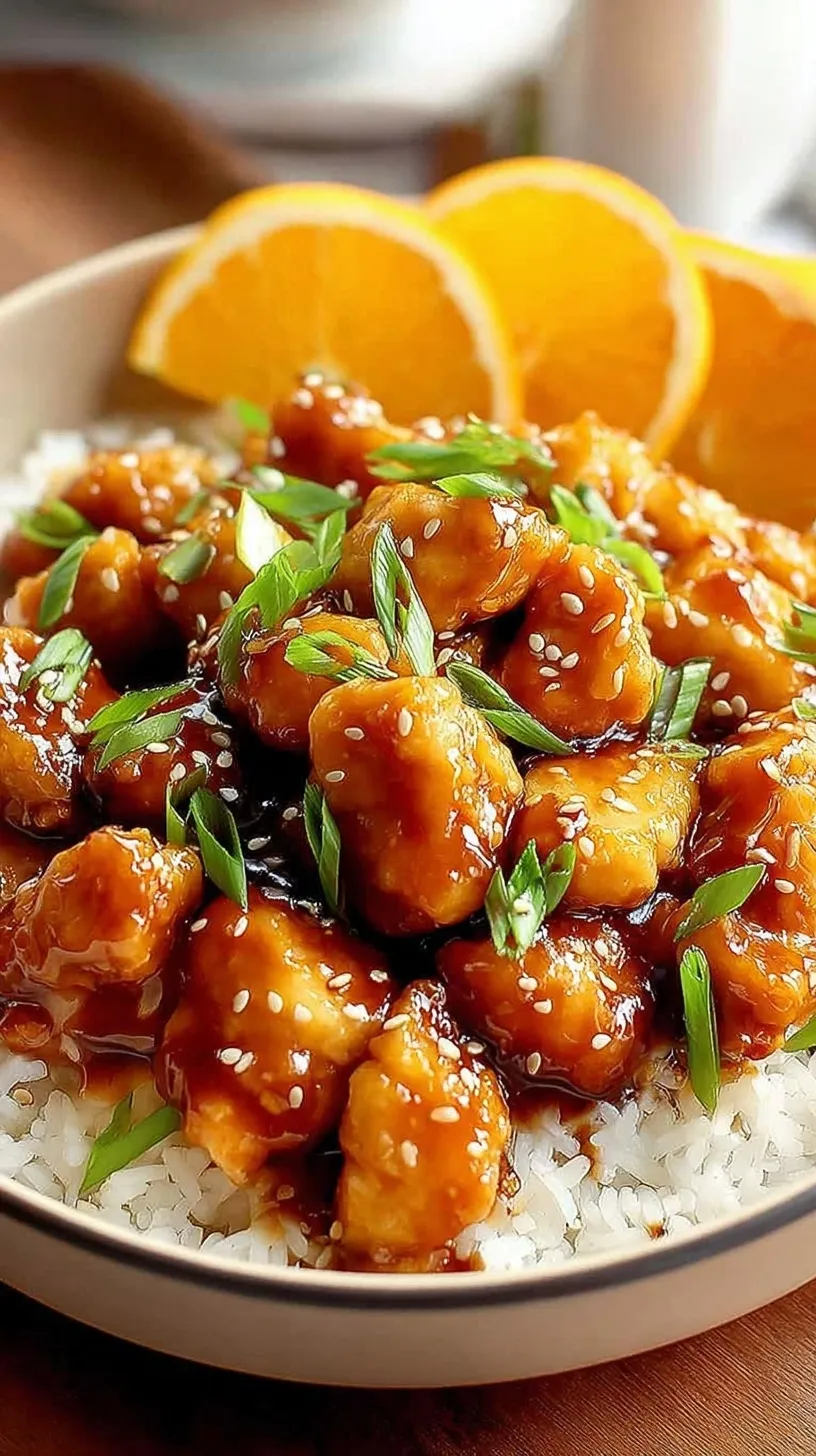 Crispy golden orange chicken pieces coated in a glossy citrus glaze in a skillet