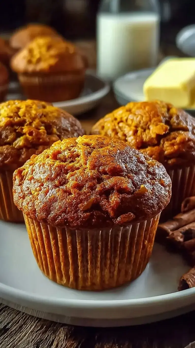 A stack of golden brown pumpkin muffins on a wire cooling rack with autumn decor nearby