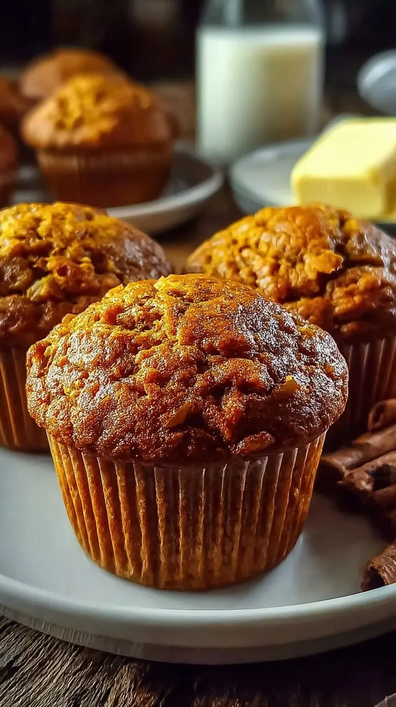 A stack of golden brown pumpkin muffins on a wire cooling rack with autumn decor nearby