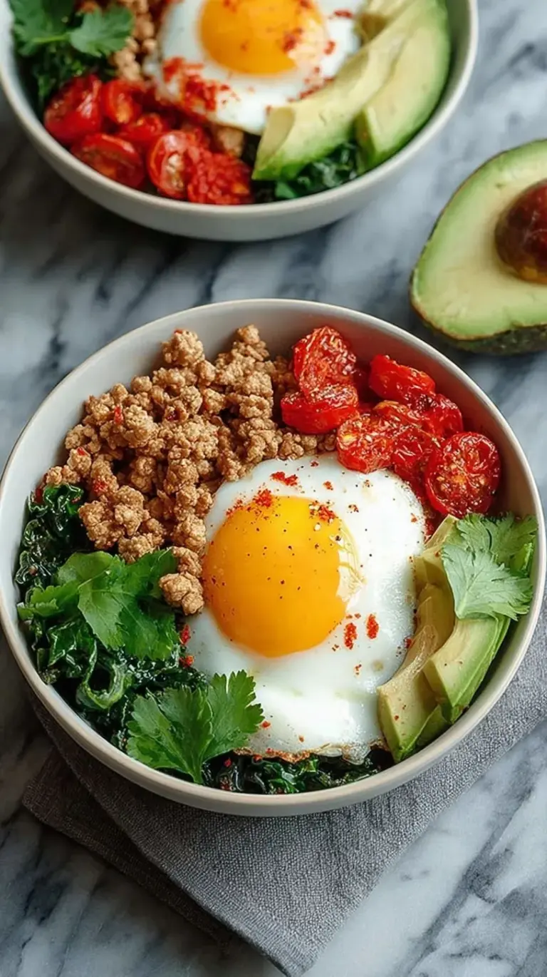 A colorful high protein breakfast bowl with ground turkey, sweet potatoes, and a fried egg on top.
